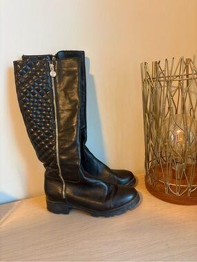 Alden Black Quilted Knee-High Leather Boots with Side Zip